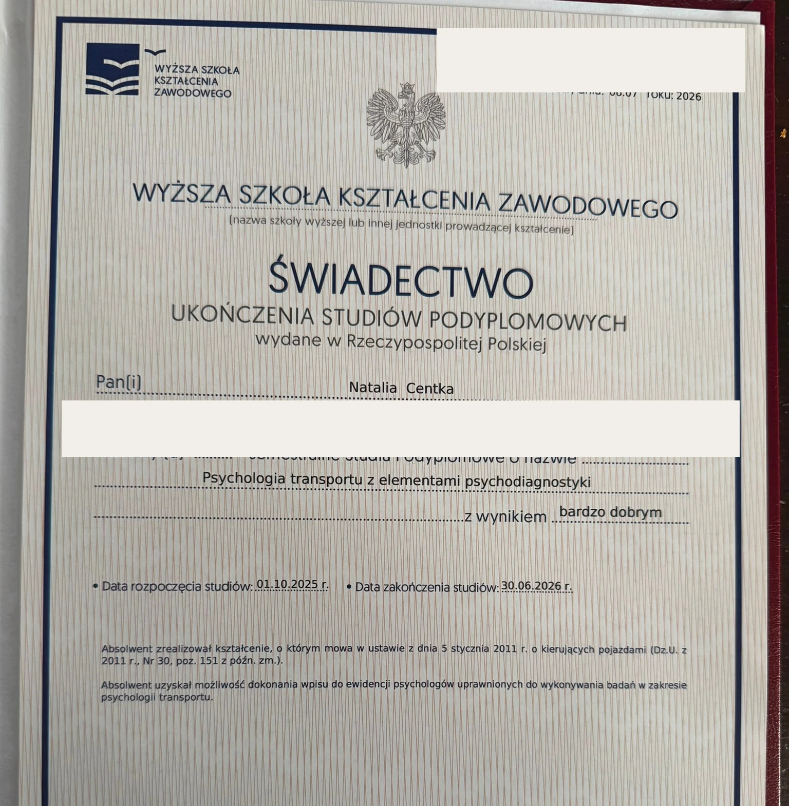 Zanonimizowane świadectwo studiów podyplomowych z psychologii transportu