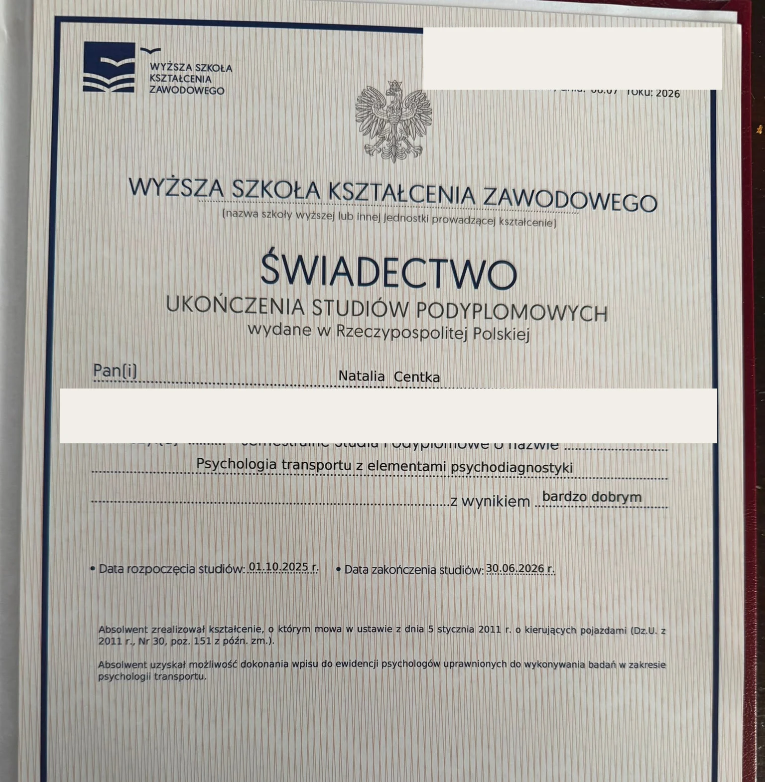 Zanonimizowane świadectwo studiów podyplomowych z psychologii transportu